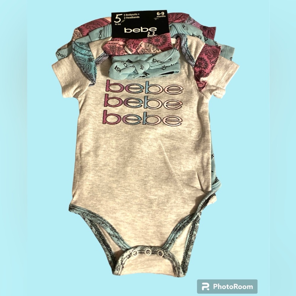 NWT•Bebe 5pc set baby girl onesies w/co-ordinating hairbands